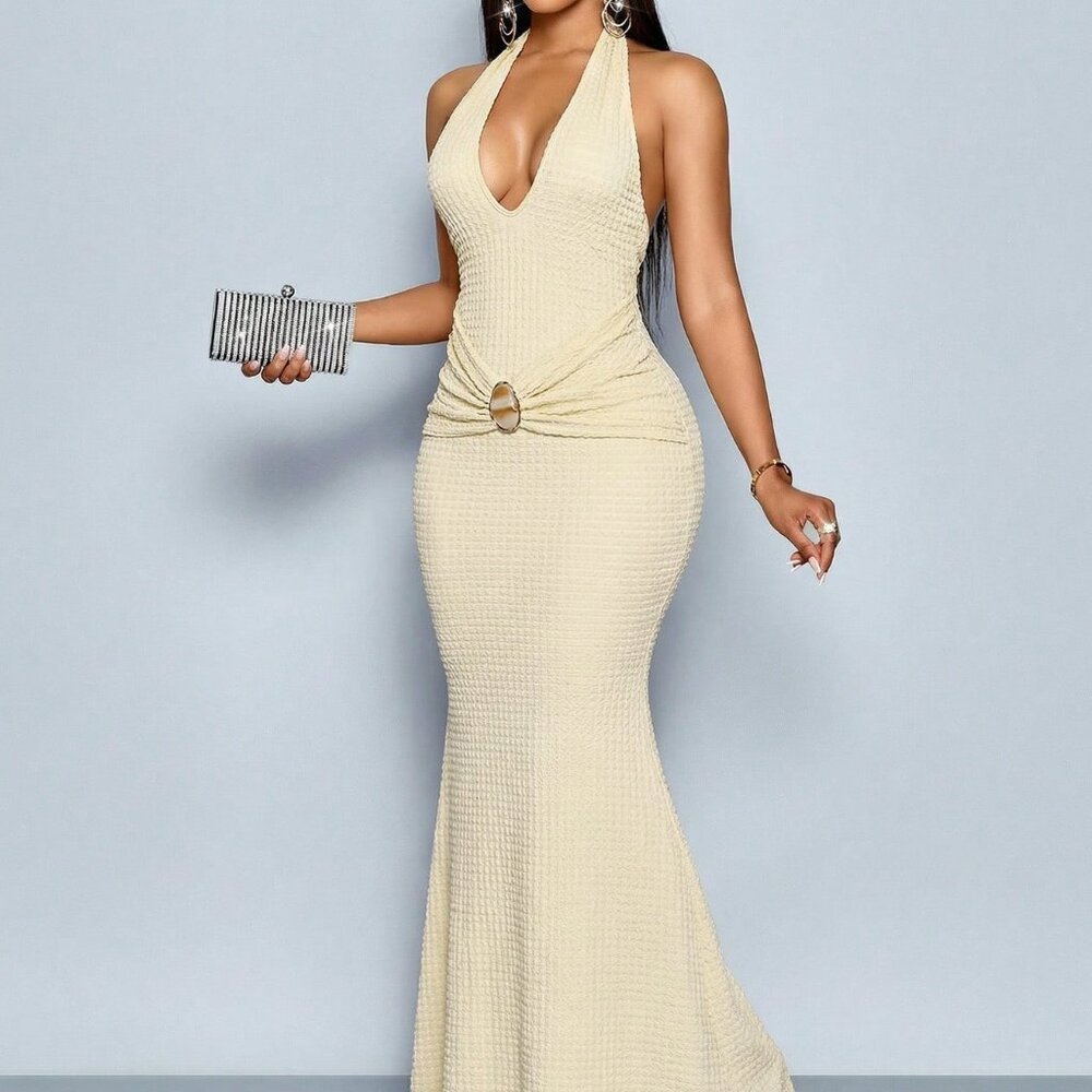 Apricot Elegant Sexy Women's Maxi Backless Vacation Dress